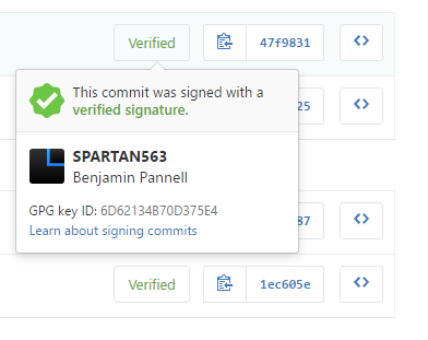 A screenshot showing the green checkmark that GitHub uses to indicate that a commit has been signed with a verified GPG key.